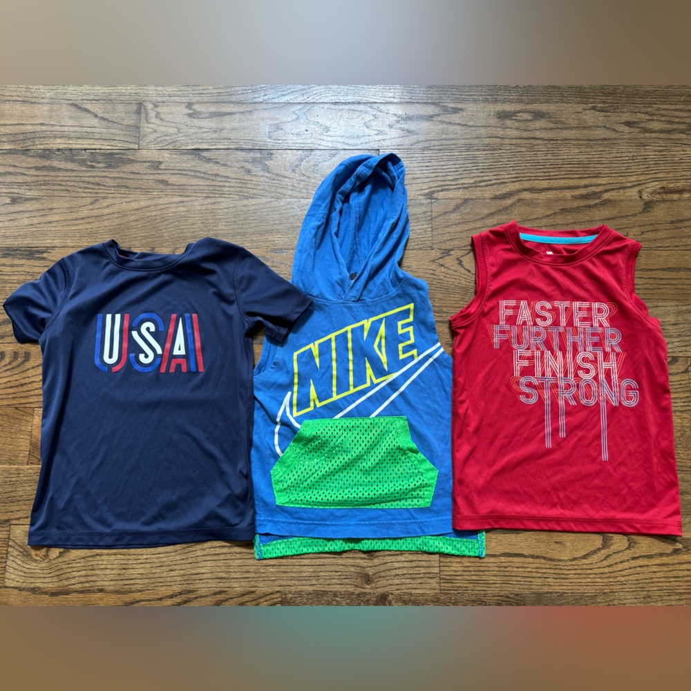 Lot of 3 Athletic Tops Size 4/5–Nike/All in Motion, Hooded Tank/Red Tank/USA Tee